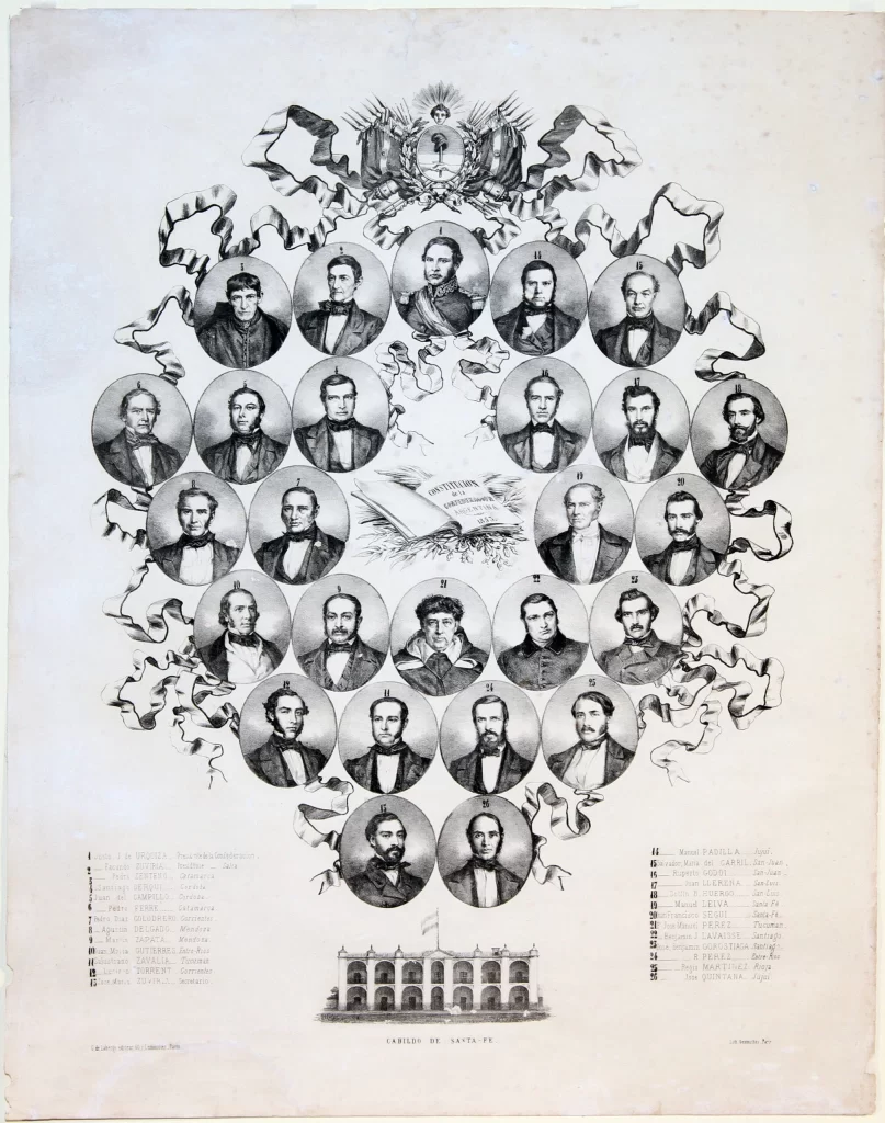 Retratos de los constituyentes de 1853, rodeando una imagen del Cabildo de Santa Fe y una copia de la Constitución