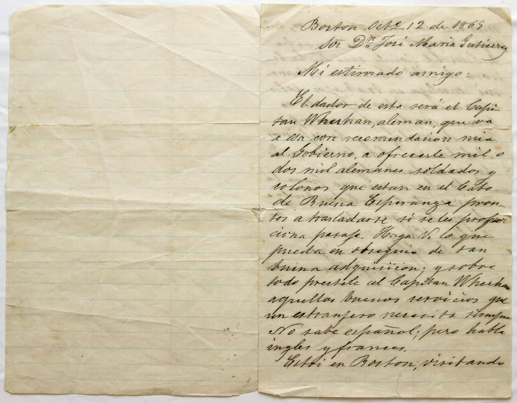 Carta manuscrita de 1869 ofreciendo al gobierno entre mil y dos mil inmigrantes alemanes.