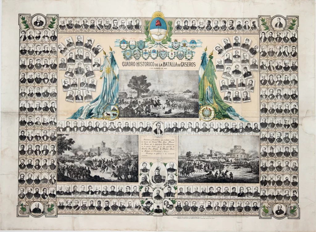Ilustración histórica de la Batalla de Caseros, 3 de febrero de 1852, con retratos de figuras clave.