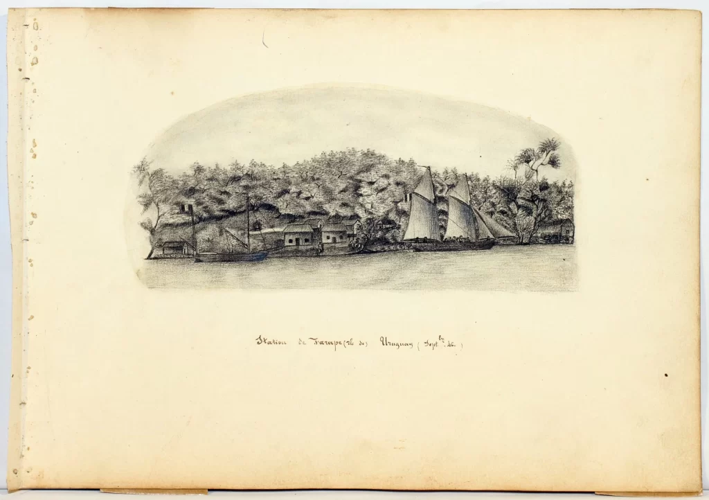 Dibujo de la costa de la Isla de Farape con casas y barcos, Uruguay, siglo XIX