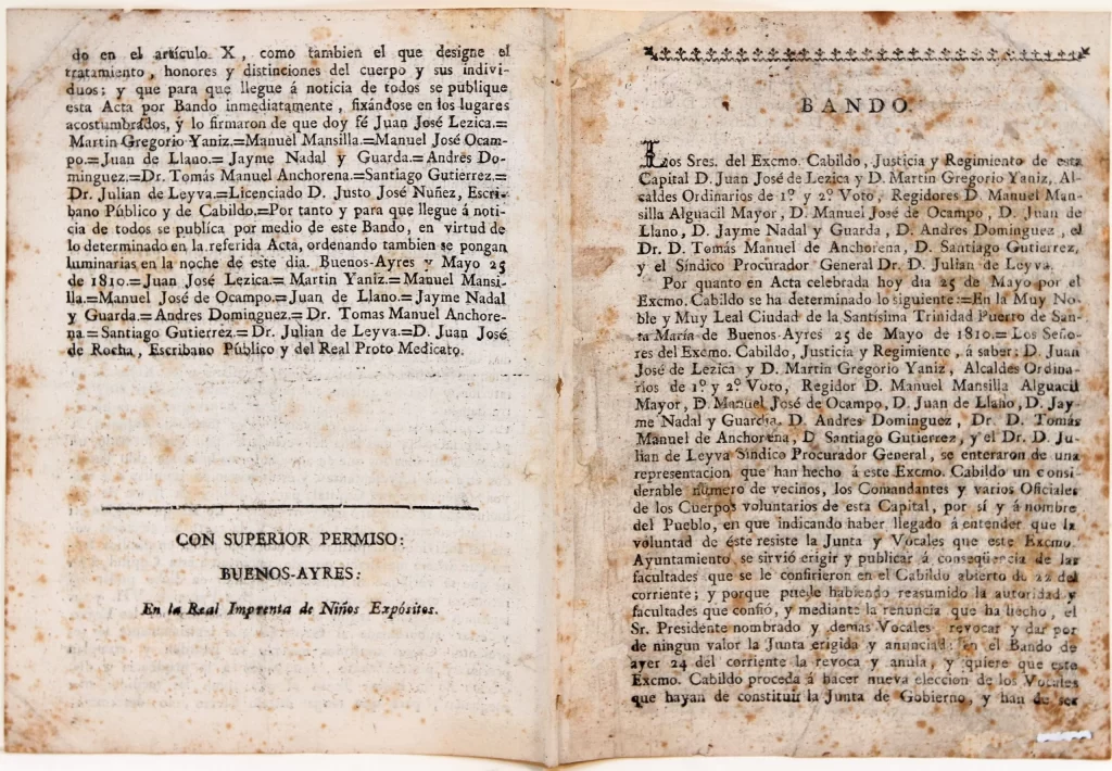 Bando impreso que anuncia la formación de la Primera Junta de Gobierno en Buenos Aires, 25 de Mayo de 1810.