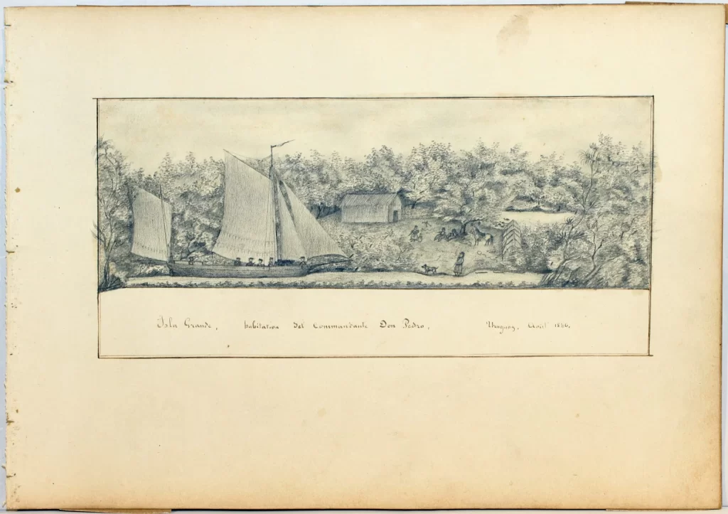 Dibujo de Isla Grande, Uruguay, con un barco y personas en la orilla, 1836