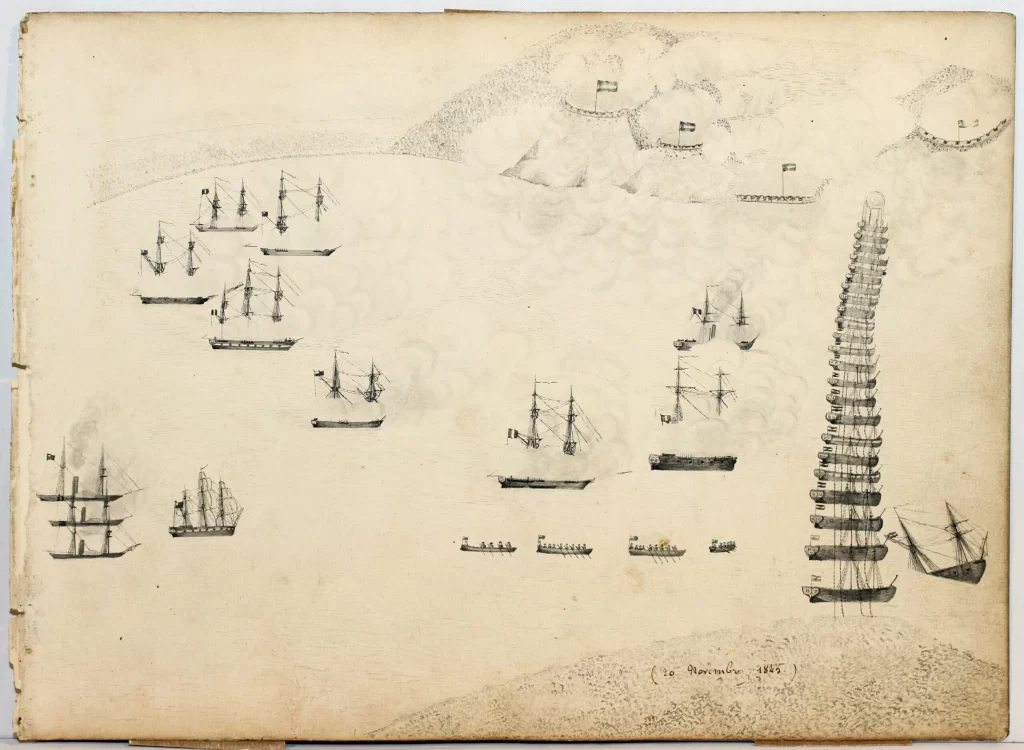 Dibujo histórico de la Batalla de la Vuelta de Obligado. Se observa la flota anglo-francesa en el río Paraná, las baterías de defensa argentinas en la costa y la línea de barcos encadenados para bloquear el paso.