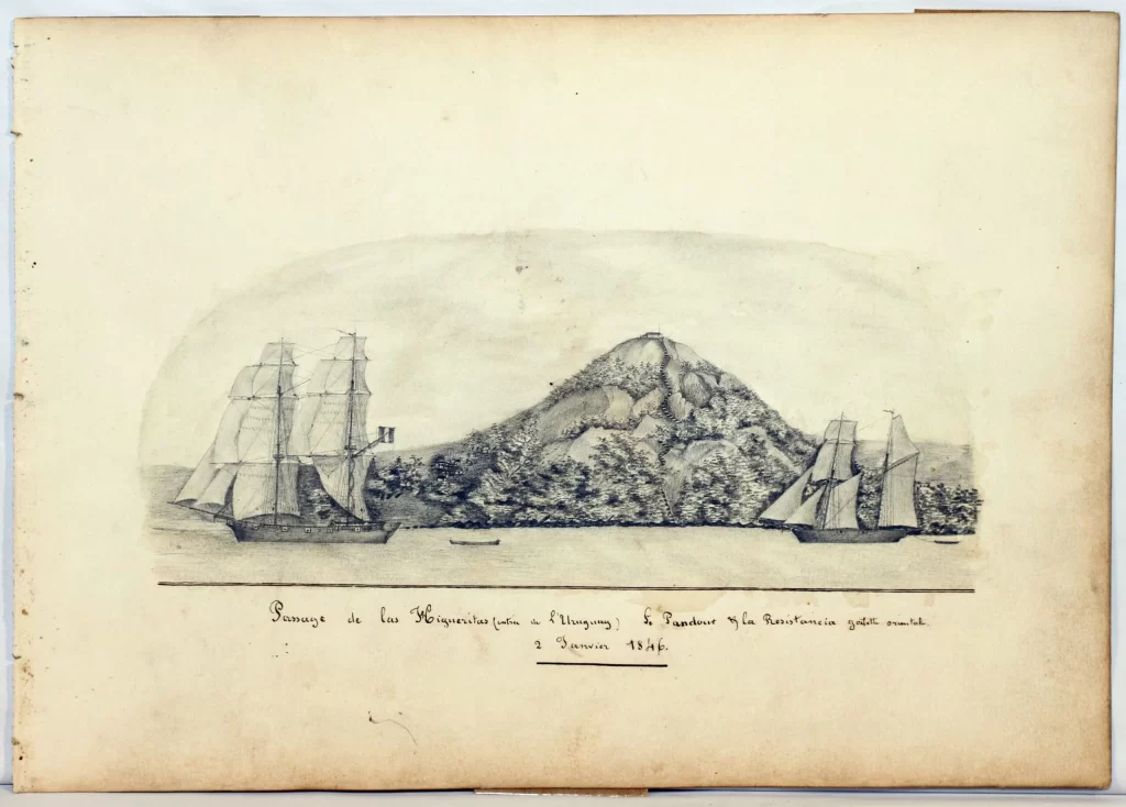 Dibujo en tinta del Paso de las Higueritas mostrando barcos de vela y una colina fortificada, relevante para el artículo 'VUELTA DE OBLIGADO'.